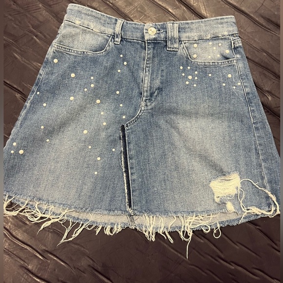 Y2K blue denim Guess pearl distressed A line mini‎ skirt size 27 - Picture 1 of 8